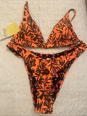 Maaji Neon Orange and brown Floral-Print Bikini